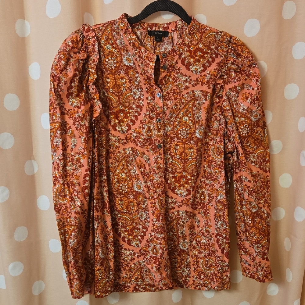 J.Crew Floral Paisley Ruffle Pullover Blouse Pink And Red Sz L